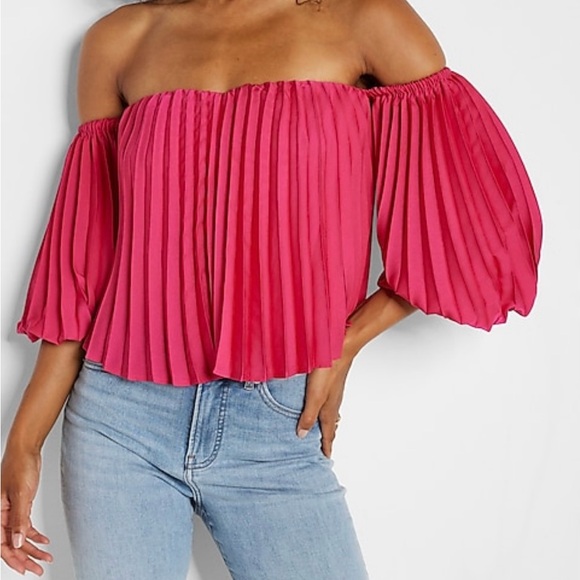 Women’s Express Pleated Off Should Balloon Sleeve Blouse - Picture 1 of 6